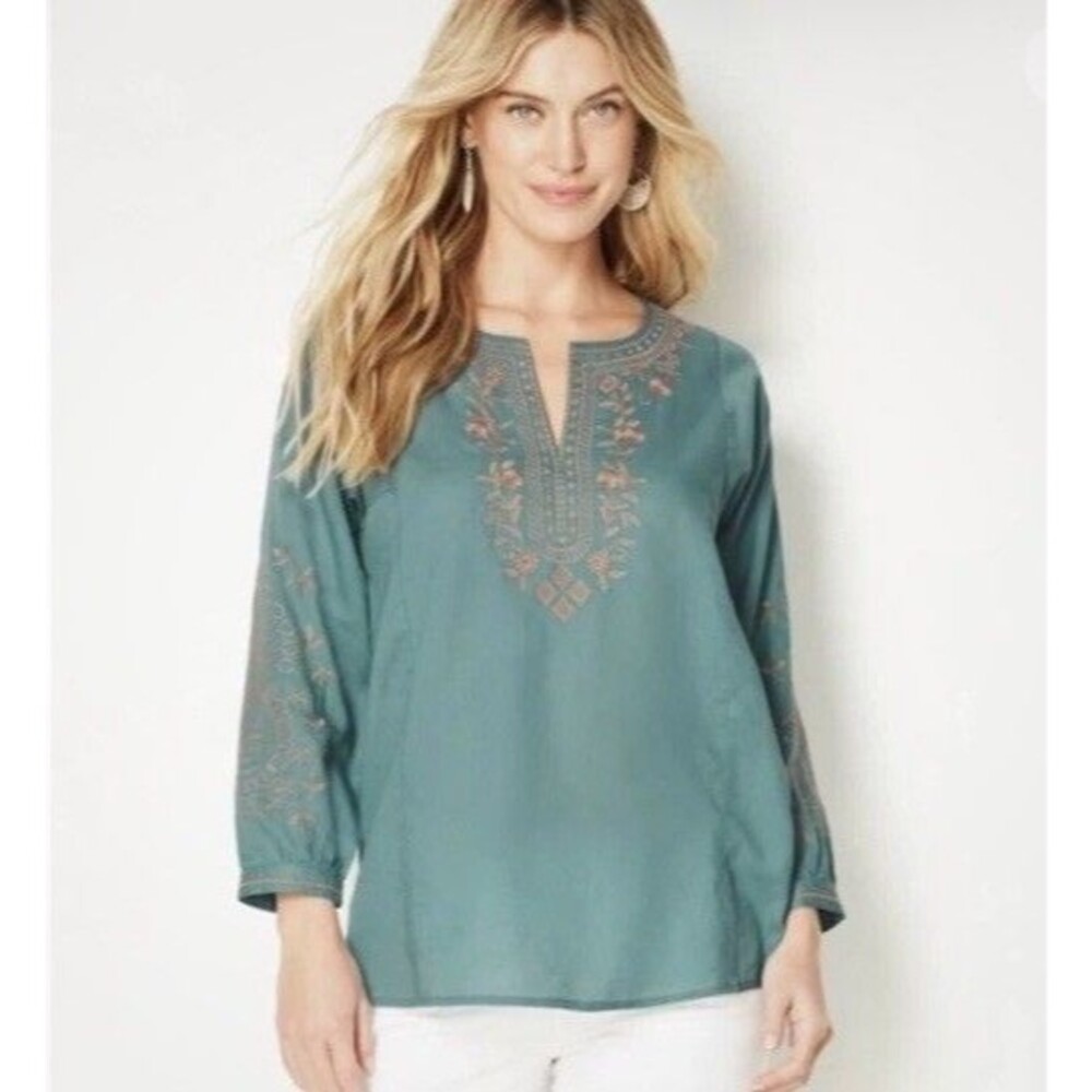 J Jill Detailed Embroidery Soft Cotton Twill Top V Neck Boho Blue/Tan XL $99 - Picture 3 of 10